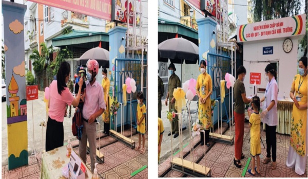 Nh&agrave; trường lu&ocirc;n thực hiện nghi&ecirc;m t&uacute;c việc đo th&acirc;n nhiệt, s&aacute;t khuẩn tay khi đ&oacute;n trẻ đến trường trong t&igrave;nh h&igrave;nh dịch Covid-19 diễn biến phức tạp