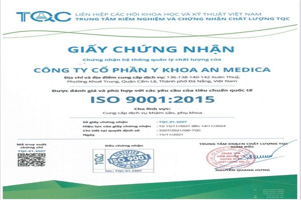 Phòng khám sản phụ khoa An Clinic đạt chứng chỉ ISO 9001