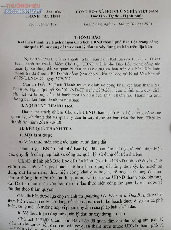 UBND tỉnh Lâm Đồng đã đồng ý với kiến nghị của Thanh tra tỉnh Lâm Đồng, chuyển hồ sơ cho cơ quan Công an để điều tra, làm rõ sai phạm của các tổ chức, cá nhân có liên quan