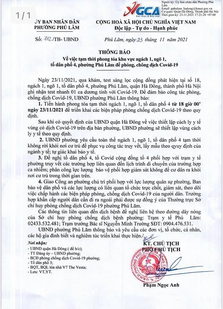 UBND phường Phú Lãm thông báo tạm dừng hoạt động của chợ Xốm để phòng dịch Covid-19 từ 18h00 ngày 23/11/2021