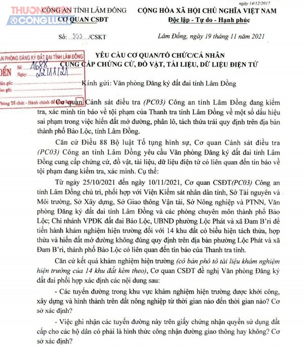 Cơ quan Cảnh sát điều tra (PC03) Công an tỉnh Lâm Đồng đã tiến hành kiểm tra, xác minh tin báo về tội phạm của Thanh tra tỉnh Lâm Đồng về một số dấu hiệu sai phạm trong việc hiến đất mở đường, phân lô, tách thửa trái quy định trên địa bàn TP. Bảo Lộc