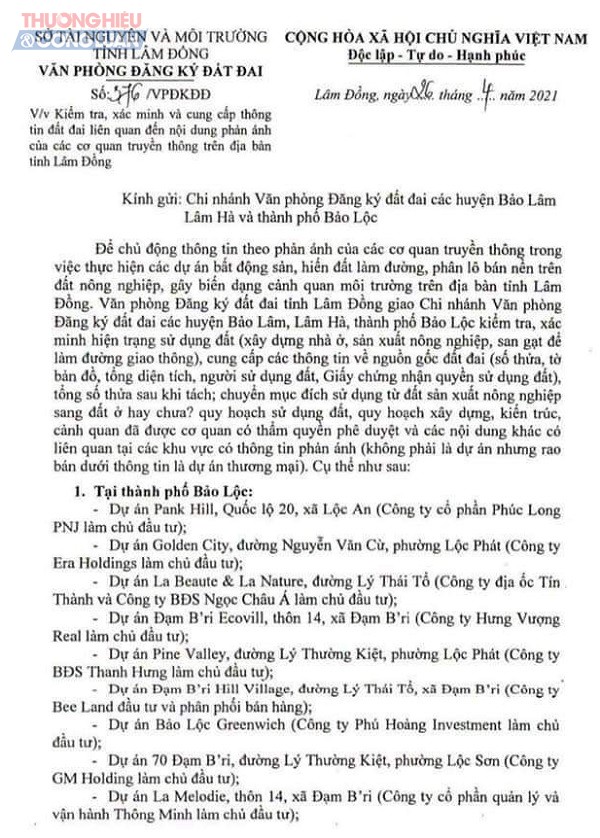 Văn phòng đăng ký đất đai, Sở Tài nguyên và Môi trường (TN&MT) tỉnh Lâm Đồng đã có văn bản đề nghị Chi nhánh Văn phòng đăng ký đất đai huyện Bảo Lộc, Bảo Lâm kiểm tra, xác minh