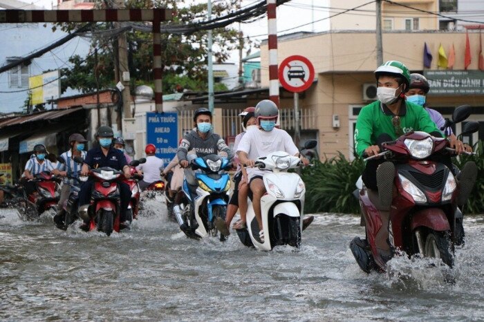 Triều cường hồi đầu tháng 11 khiến tuyến đường Trần Xuân Soạn, quận 7 bị ngập sâu (báo Giao Thông)