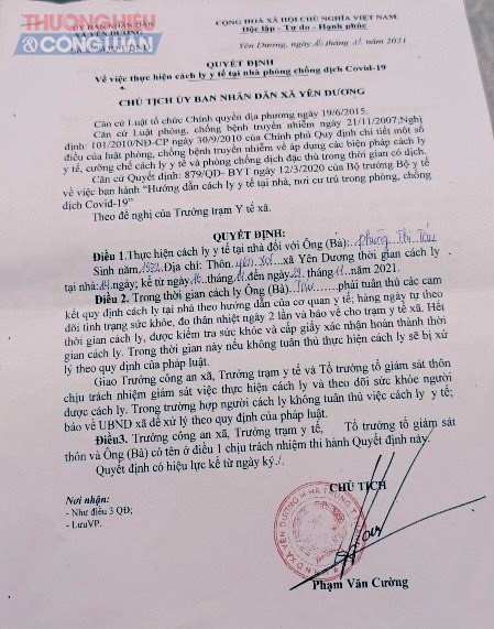 Quyết định về việc thực hiện cách ly y tế tại nhà đối với bà Phùng Thị Táu, là hiệu trưởng Trường Mầm Non Hà Yên