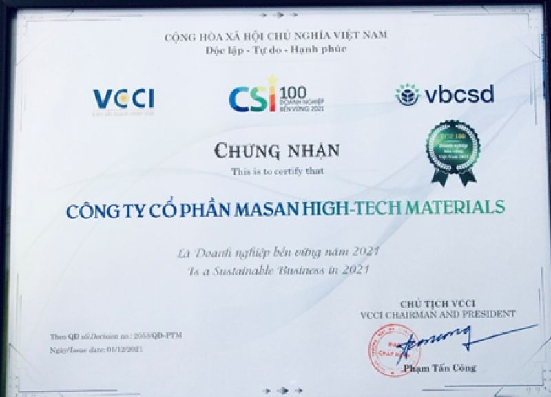 Masan High-Tech Materials năm thứ 4 liên tiếp nhận danh hiệu “Doanh nghiệp phát triển bền vững Việt Nam”
