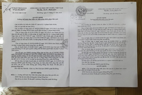 UBND quận Hà Đông đã ra Quyết định 4669/QĐ-KPHQ ngày 21/11/2019 và quyết định số 5316/QĐ-CCXP ngày 31/12/2019 Cưỡng chế buộc thực hiện các biện pháp khắc phục hậu quả