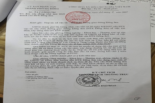 Số 416/UBND-TM ngày 22/5/2007 của UBND Thành phố Hà Đông cho phép HTX Đồng Sen xây dựng một số nhà cấp 4 để phục vụ đề án