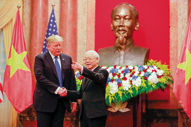 Tổng Bí thư, Chủ tịch nước Nguyễn Phú Trọng tiếp, hội đàm với Tổng thống Mỹ Donald Trump nhân chuyến thăm tới Việt Nam dự Thượng đỉnh Mỹ - Triều Tiên lần 2, ngày 27/02/2019 tại Hà Nội. Ảnh: Baoquocte.