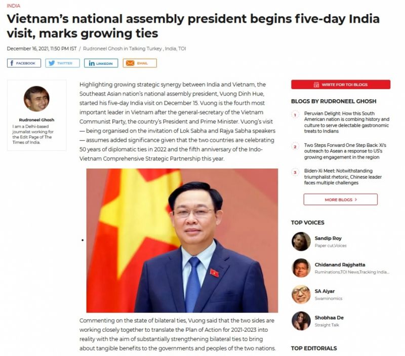 Báo chí Ấn Độ viết về chuyến thăm của Chủ tịch Quốc hội Vương Đình Huệ