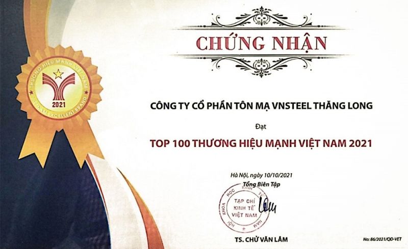 Công ty CP Tôn mạ VNSTEEL Thăng Long vinh dự lần thứ hai đạt Chứng nhận TOP 100 Thương hiệu Mạnh Việt Nam.