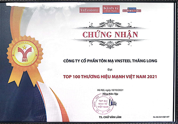 Chứng nhận Top 100 Thương hiệu Mạnh Việt Nam 2021 của Công ty cổ phần Tôn mạ Vnsteel Thăng Long