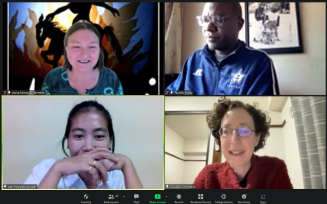 Ông Fedelis Kyalo, Phó Chủ tịch Ủy ban Châu Phi của UNIMA (góc trên bên phải) và Học giả Fulbright - Giáo sư Claudia Orenstein, ĐH Hunter, nước Mỹ (góc dưới bên phải) đã chia sẻ nhiểu ý kiến thú vị tại Diễn đàn