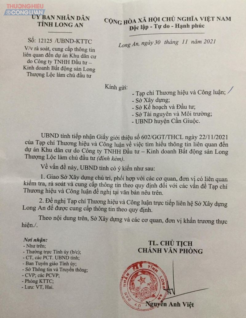 Công văn số 5999 /UBND-NC ngày 29/11/2021 của UBND huyện Cần Giuộc gửi tới Thương hiệu và Công luận. Ảnh: Phong Vân