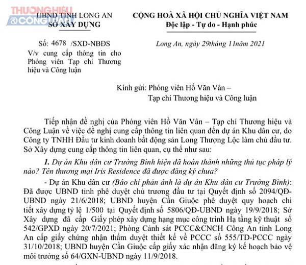 Công văn số 4678/SXD-NBĐS ngày 29/11/2021 Sở Xây dựng tỉnh Long An gửi tới Thương hiệu và Công luận. Ảnh: Phong Vân