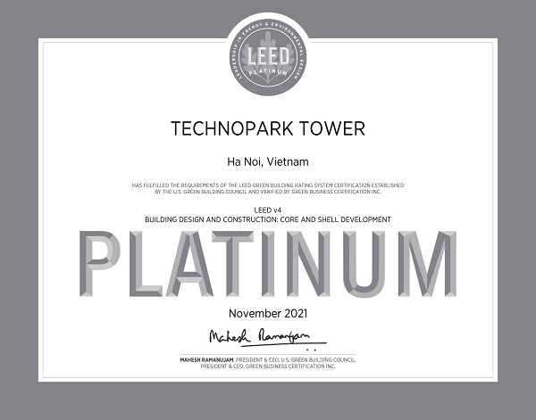 Bằng chứng nhận TechnoPark Tower đạt chứng chỉ LEED Platinum V4 – Phiên bản khó đạt nhất từ trước đến nay của LEED