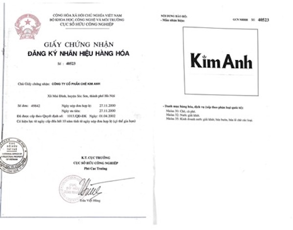 Giấy chứng nhận đăng ký nhãn hiệu số 40523 được Cục Sở hữu trí tuệ cấp ngày 01/04/2002 với nhãn hiệu Kim Anh
