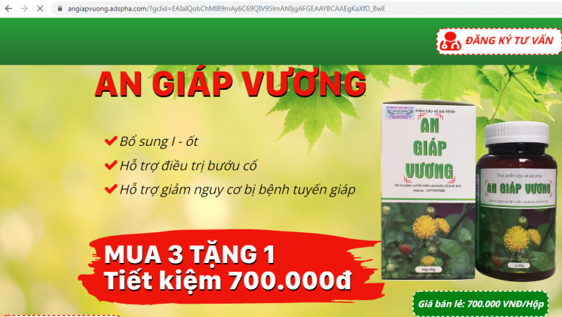 Trang website đang quảng cáo sản phẩm Thực phẩm bảo vệ sức khỏe An Giáp Vương