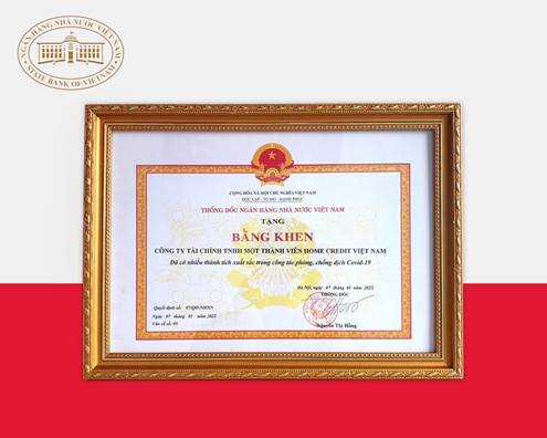 Bằng khen của Ngân Hàng Nhà Nước Việt Nam trao tặng cho Home Credit vì những đóng góp tích cực cho cộng đồng trong giai đoạn Covid vừa qua
