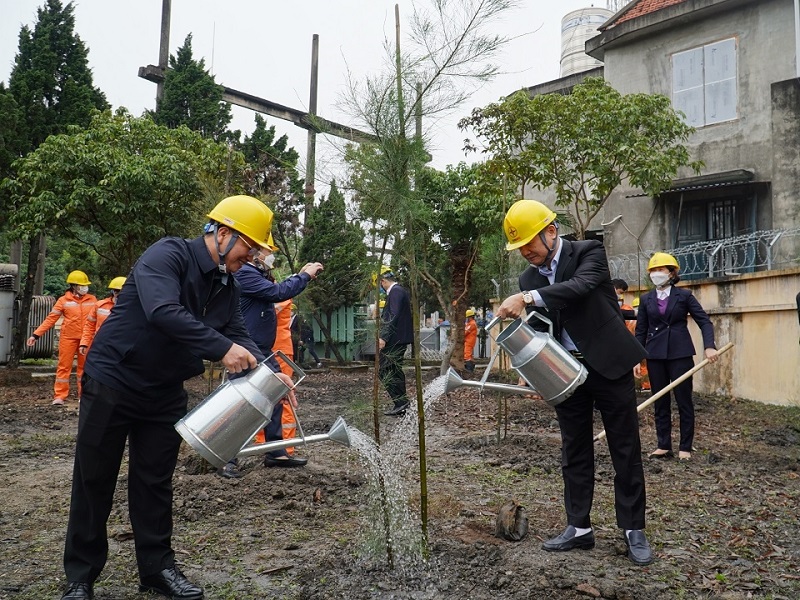 Ông Nguyễn Thanh Tĩnh - Bí thư Đảng ủy, Giám đốc PC Quảng Ninh và ông Vũ Hữu Chương - Phó Bí thư Đảng ủy, Chủ tịch Công đoàn PC Quảng Ninh đang chăm sóc một cây xanh mới trồng