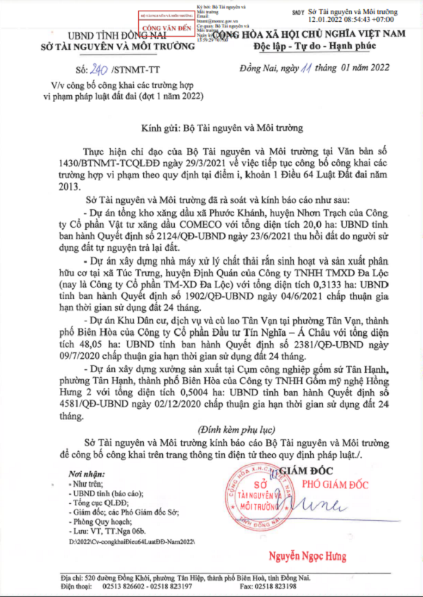 1 phần văn bản số 240/STNMT-TT của Sở TN&MT tỉnh Đồng Nai