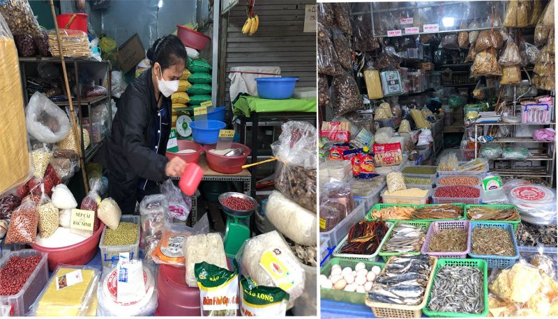 Các mặt hàng đồ khô được bày bán tại chợ Nhân Chính, Thanh Xuân rất nhiều nhưng không rõ nguồn gốc xuất xứ.