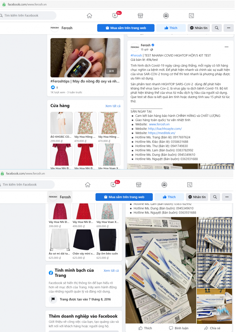 Trên Fanpage Facebook của FEROSH - trang thương mại điện tử về thiết kế thời trang bán test nhanh covid – 19 HIGHTOP với giá 49.000/1 bộ