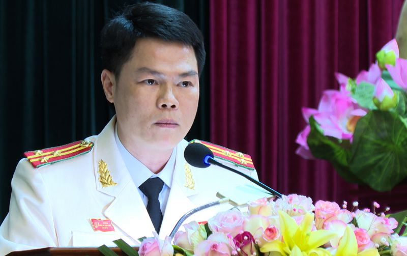 Đồng chí Thượng tá Nguyễn Hữu Mạnh, Phó Giám đốc Công an tỉnh Thanh Hóa phát biểu nhận nhiệm vụ