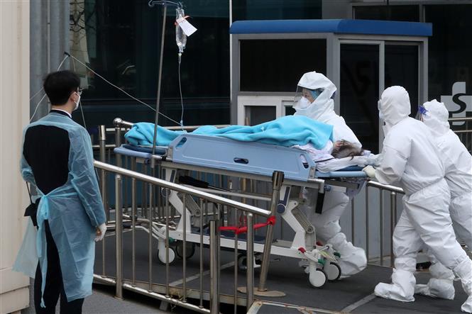 Nhân viên y tế chuyển bệnh nhân Covid-19 tới bệnh viện tại Seoul, Hàn Quốc, ngày 11/03/2022 (Ảnh: THX/ TTXVN)