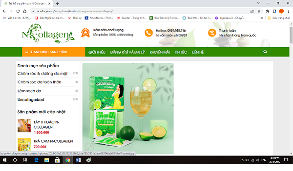 Trang web ncollagen.vn đăng tải nội dung quảng cáo sản phẩm Trà hỗ trợ giảm cân N Collagen vi phạm quy định pháp luật (Ảnh chụp màn hình)