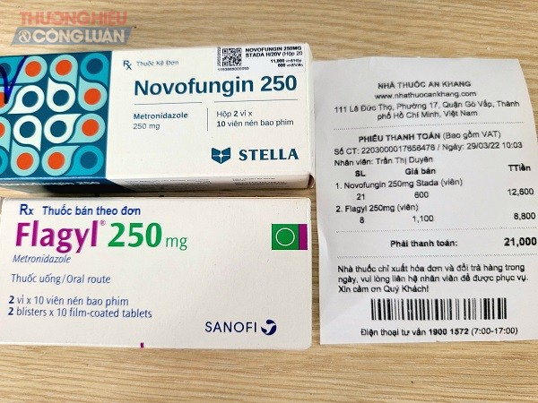 Nhà thuốc An Khang số 111 Lê Đức Thọ, phường 17, quận Gò Vấp vô tư bán 02 loại thuốc là Novofungin 250 mg và Flagyl 250 mg mà không cần đơn từ bác sĩ hay bệnh viện.