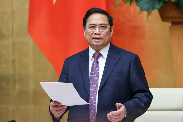 Thủ tướng Chính phủ Phạm Minh Chính phát biểu tại phiên họp Chính phủ thường kỳ tháng 03/2022. Ảnh VGP/Nhật Bắc