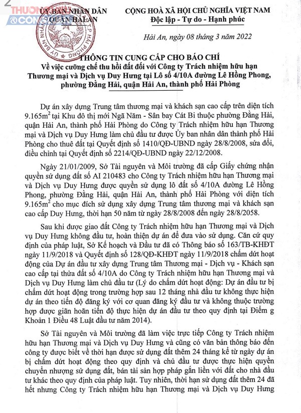 UBND quận Hải An sẽ cưỡng chế 9.165m2 đất đối với công ty TNHHTM và DV Duy Hưng tại phường Đằng Hải