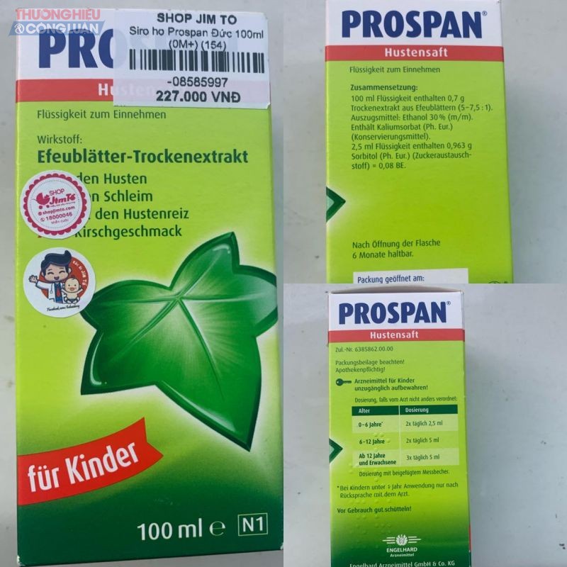 Thuốc ho Prospan Đức 100ml được bán tại Shop Jim Tồ với giá 227.000đ