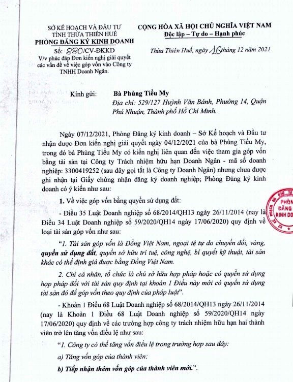 Công văn của Sở KH&ĐT Thừa Thiên Huế cho biết Công ty Doanh Ngân chưa hoàn thành thủ tục góp vốn của các cá nhân