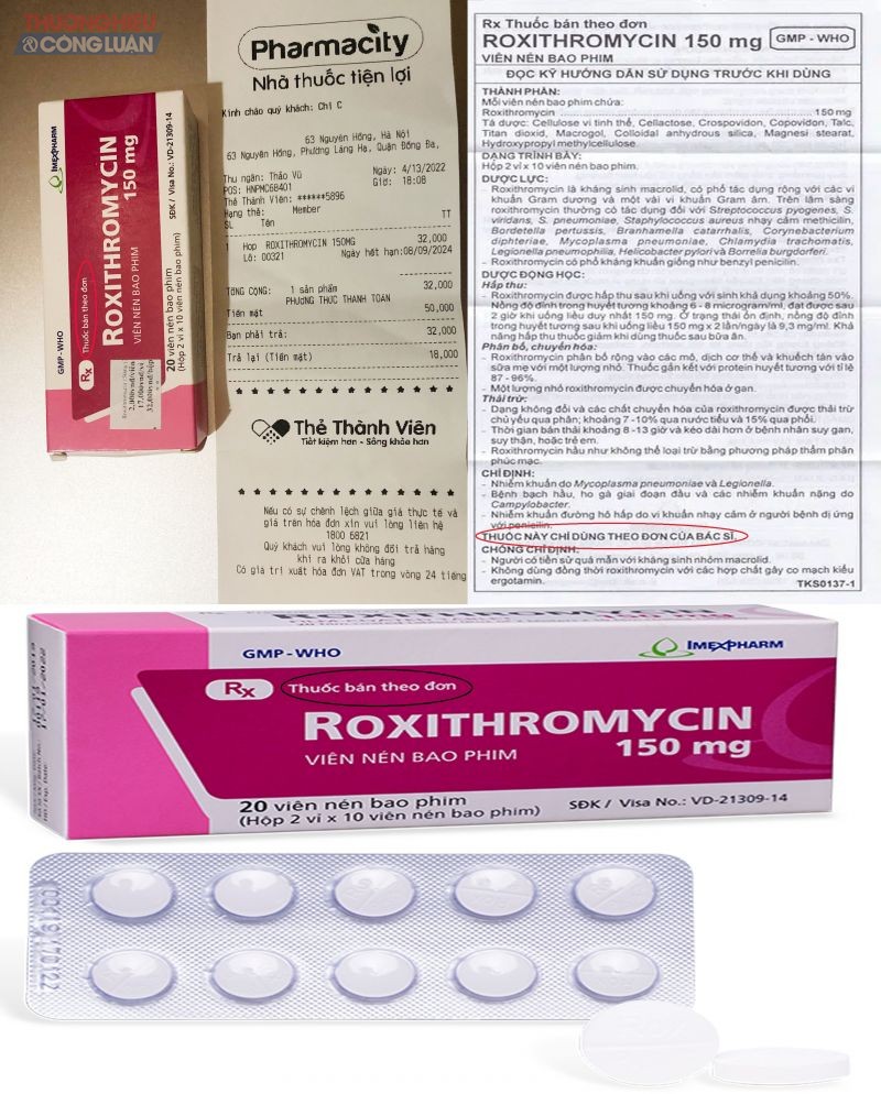 Vỏ hộp Thuốc Roxithromycin 150 mg - thuốc trị nhiễm khuẩn có ghi “Thuốc bán theo đơn” và giấy hướng dẫn sử dụng ghi “Thuốc này chỉ dùng theo đơn của bác sỹ”, thế nhưng Nhà thuốc Pharmacity vẫn bán cho người tiêu dùng mà không cần phải trình đơn thuốc.