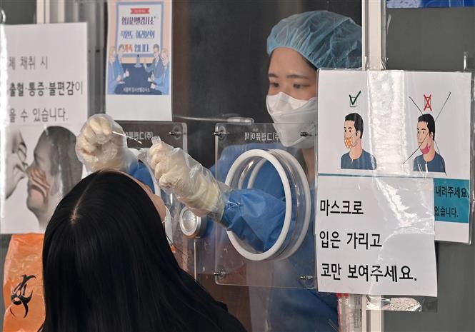 Nhân viên y tế lấy mẫu xét nghiệm Covid-19 cho người dân tại Seoul, Hàn Quốc, ngày 02/03/2022 (Ảnh: AFP/TTXVN)