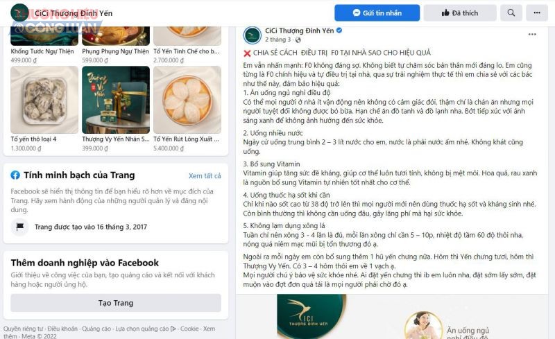 trang Facebook này còn chia sẻ về cách điều trị F0 tại nhà. Trong đó, cố tình lồng ghép thêm thông tin uống yến chưng tươi, Thượng Vy Yến.