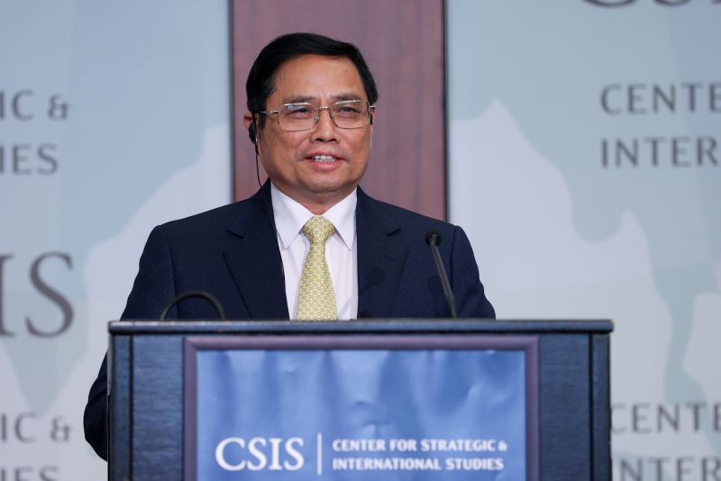 Thủ tướng Phạm Minh Chính phát biểu tại Trung tâm nghiên cứu Chiến lược và Quốc tế Hoa Kỳ (CSIS). Ảnh VGP/Nhật Bắc