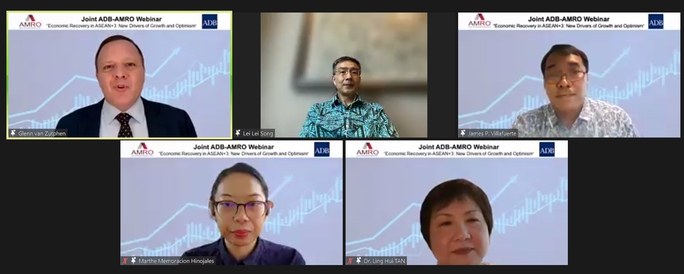 Các diễn giả tại hội thảo trực tuyến do Ngân hàng Phát triển châu Á và Văn phòng Nghiên cứu kinh tế vĩ mô ASEAN+3 tổ chức hôm 13-5. (Ảnh chụp màn hình)