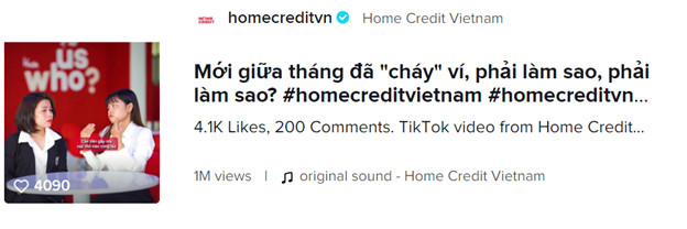 Một trong những clip của Home Credit Việt Nam trên nền tảng Tiktok thu hút hơn 1 triệu lượt xem