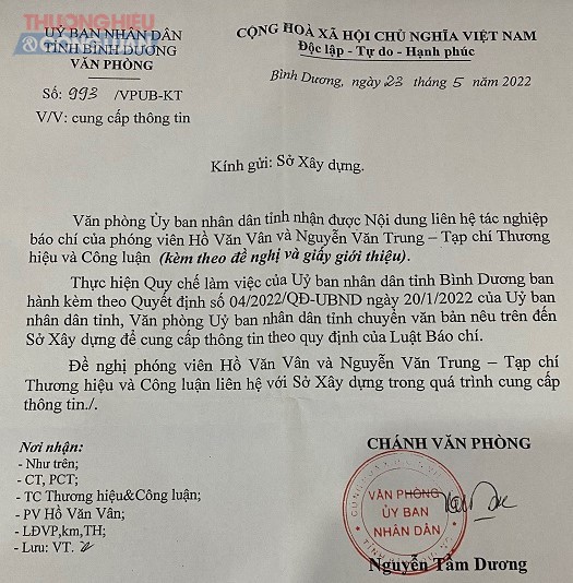 Văn bản số 993/VPUB-KT của UBND tỉnh Bình Dương
