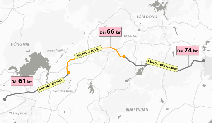 Sơ đồ hướng tuyến cao tốc Dầu Giây - Liên Khương, đoạn Tân Phú - Bảo Lộc sẽ được triển khai trước. Đồ hoạ: Trần Nam