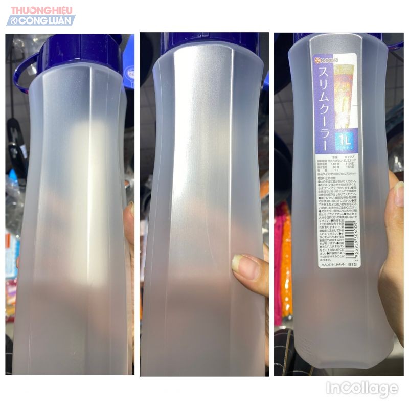 Sản phẩm bình nước, toàn chữ Nhật Bản, không có tem nhãn phụ Tiếng Việt thể hiện các thông tin sản phẩm theo yêu cầu