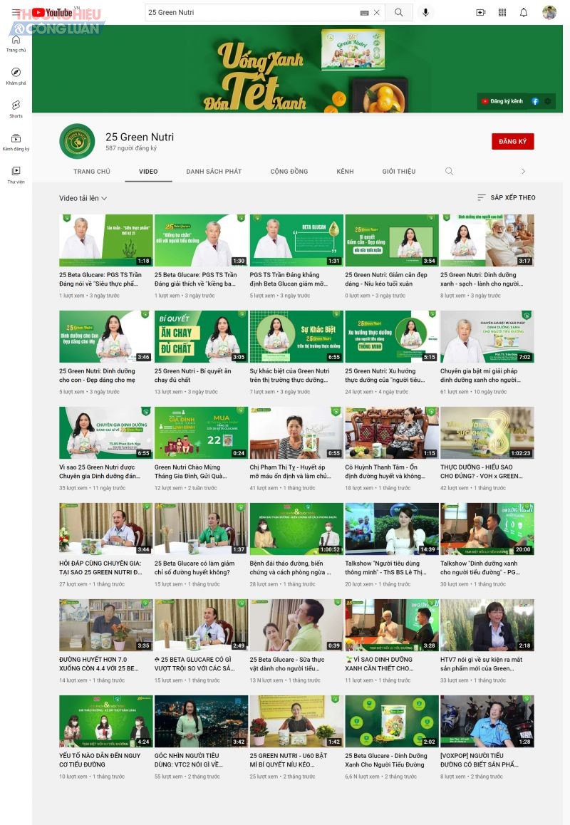 Nhằm thu hút khách hàng, tài khoản Youtube có tên 25 Green Nutri đang sử dụng rất nhiều hình ảnh của các y bác sĩ, chuyên gia trong ngành y cùng các phản hồi của khách hàng để quảng bá sản phẩm.
