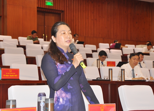 Đại biểu Trương Huỳnh Như thảo luận về giáo dục hướng nghiệp và phân luồng giáo dục trên địa bàn.