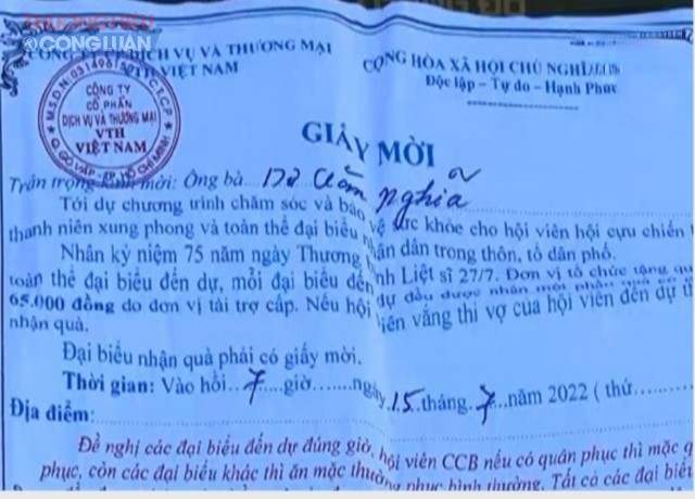 Nhóm người lạ đã phát đi hàng trăm giấy mời cho người dân ở phường Quảng Vinh, Tp Sầm Sơn với nội dung mời tham dự nhận quà tri ân nhân dịp ngày Thương binh, Liệt sỹ.