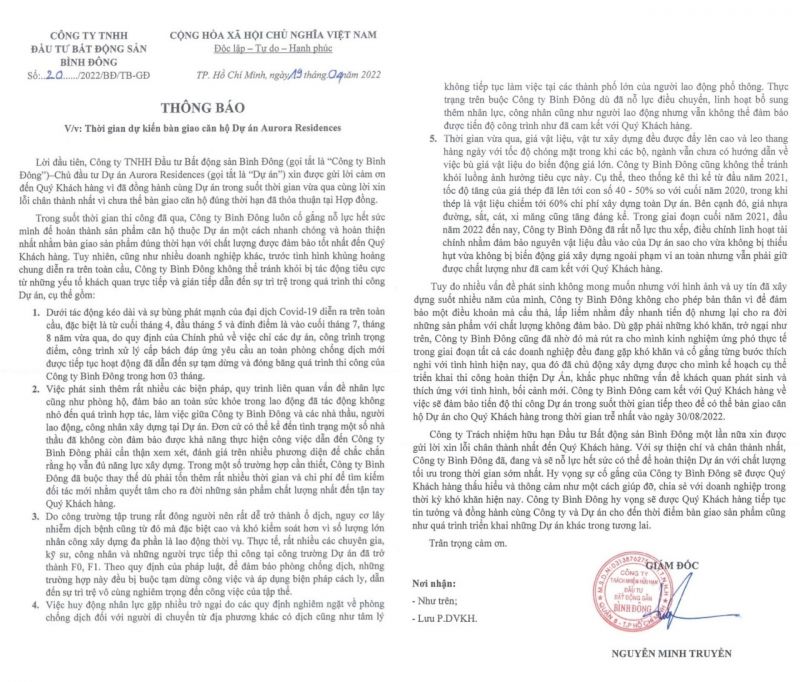 Công ty Đầu tư BĐS Bình Đông có thông báo số 20/2022/BĐ/TB-GĐ về thời gian bàn giao căn hộ Công ty Đầu tư BĐS Bình Đông có thông báo số 20/2022/BĐ/TB-GĐ về thời gian bàn giao căn hộ