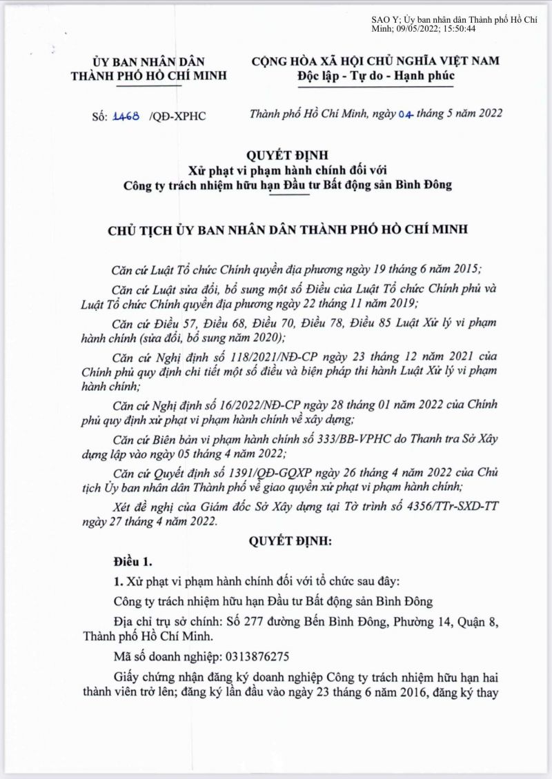 Một phần Quyết định xử phạt vi phạm hành chính đối với Công ty TNHH Bất động sản Bình Đông Một phần Quyết định xử phạt vi phạm hành chính đối với Công ty TNHH Bất động sản Bình Đông