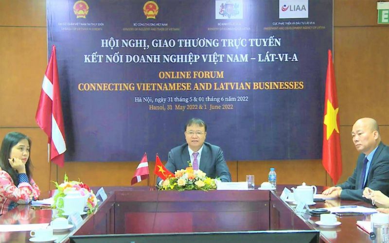 Thứ trưởng Bộ Công Thương Đỗ Thắng Hải phát biểu tại Hội nghị giao thương trực tuyến kết nối doanh nghiệp Việt Nam - Lavia. Ảnh Việt Hằng