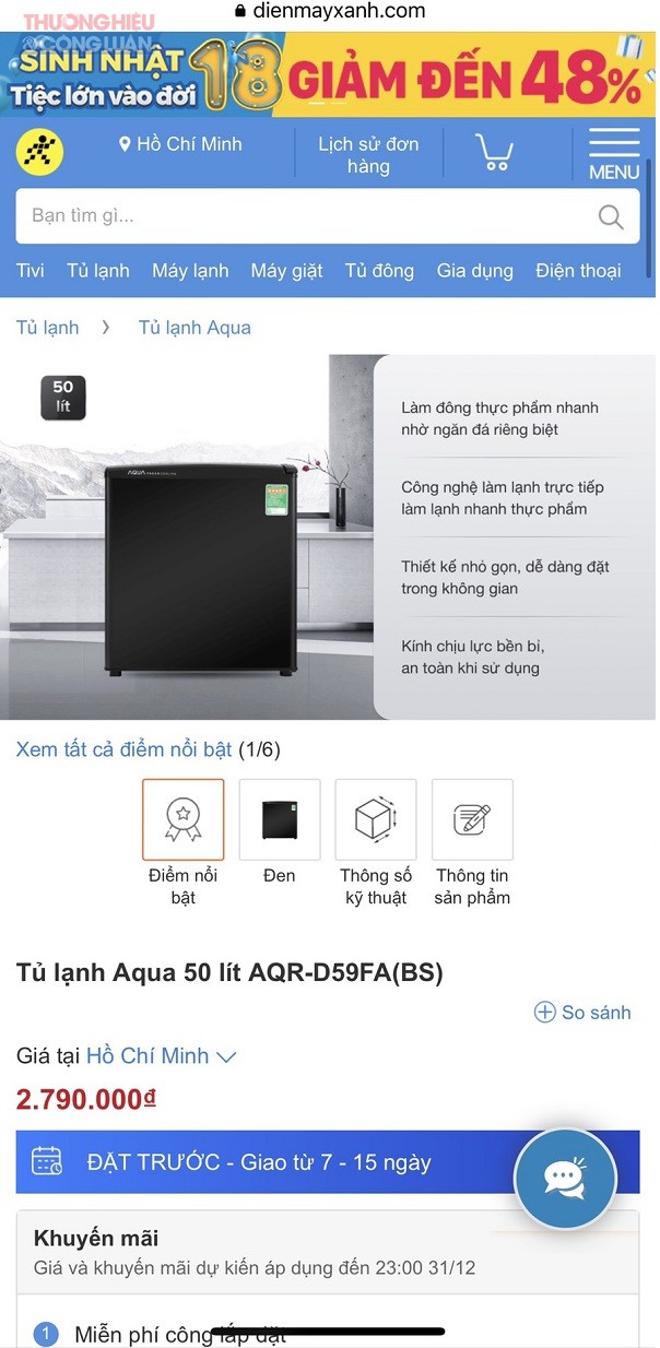 Sản phẩm tủ lạnh Aqua AQR-D59FA (BS) 50 lít xuất xứ Việt Nam tại trang web điện máy xanh